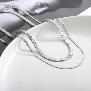 Close-up of a sleek silver double-layer flat snake bone chain necklace on a white plate