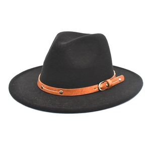 Classic black wool fedora hat with brown leather band and metallic stud accents