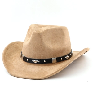 Classic tan suede cowboy hat with metallic studded leather band and western style