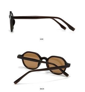 Detail view of retro geometric oval polarized sunglasses in dark tortoiseshell texture