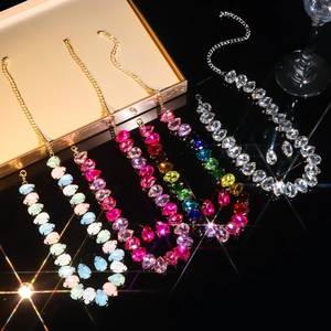 Luxury Colorful Crystal Necklace Earrings With 925 Sterling Silver Earring Post Teardrop Oval Women Party Banquet