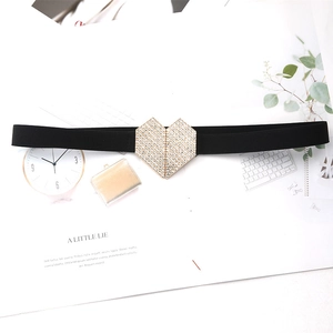 Elastic skinny belt with heart-shaped rhinestone buckle for dresses and blazers
