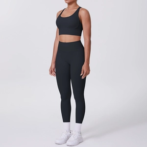 Vue latérale d'un ensemble de yoga noir avec legging taille haute et brassière sport