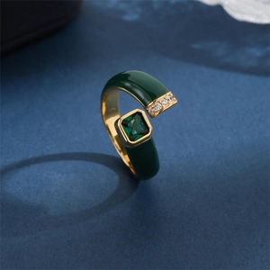 Vintage green enamel open ring with emerald gemstone and cubic zirconia accents