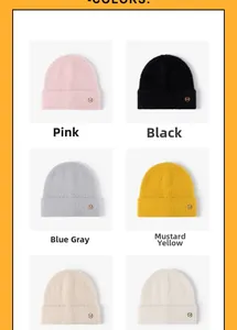Detail view of colorful knitted beanies with soft plush texture and M-letter logo patches