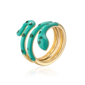 Detail of snake ring with green enamel and 18K gold plating over three coiled bands