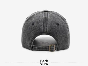 Detail view of the washed cotton baseball cap back with bronze adjustable metal buckle