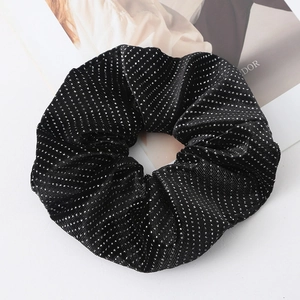 Polka dot velvet scrunchie with silver glitter stars for high ponytail hairstyles