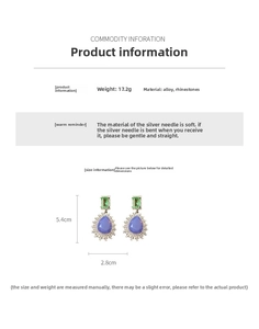 Détail des boucles d'oreilles vintage goutte avec cristaux verts et violets et mesures