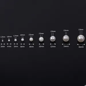 Size chart for ABS high-gloss faux pearls ranging from 3mm to 16mm diameters