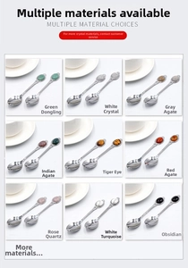 Detailed grid showing stainless steel spoons with various natural gemstone handle tops
