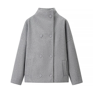 Short grey double-breasted wool coat with stand collar for women, 2025 autumn winter style