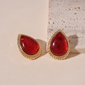 Retro Ancora rote Tropfenohrringe aus Harz mit gedrehtem Goldrahmen im French-Stil
