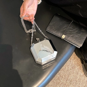 Chic silver hexagonal mirror acrylic clutch bag with metal chain strap for women