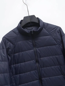 Detail of navy blue lightweight quilted jacket featuring stand collar and metal zipper