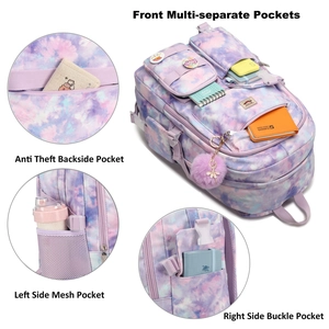Detail view of purple tie-dye backpack featuring anti-theft pocket and side mesh compartments