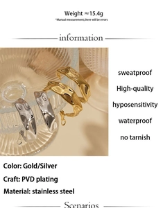 Detail view of PVD plated stainless steel C-shape earrings in gold and silver finish