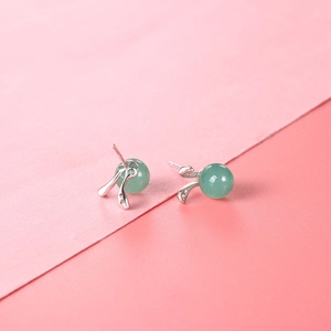 Elegant S925 silver rabbit stud earrings with green jade gemstones and small crystals