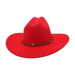 Detail of red wide brim cowboy hat featuring a brown leather band with silver star studs