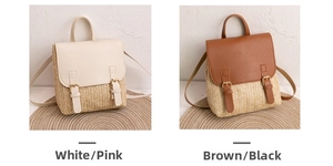 Detail of straw woven backpack with leather flap and buckle in cream and brown