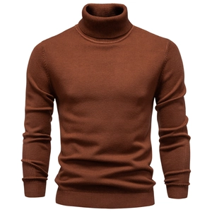 Detail of ribbed turtleneck and knit texture on a men's brown pullover sweater