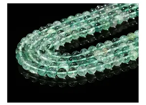 Macro shot of natural green fluorite beads with polished finish and icy texture details