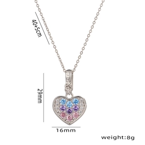 Silver heart necklace with colorful zircons, luck engraving and size measurements