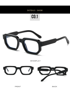 Detailed views of black vintage square glasses frame with polished finish and integrated nose pads