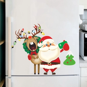 Detailed Christmas stickers featuring Santa, reindeer, and tree on a white refrigerator