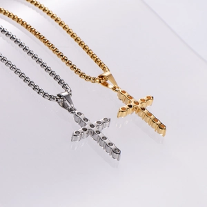 Gold and silver stainless steel cross necklaces with zircon insets on box chains