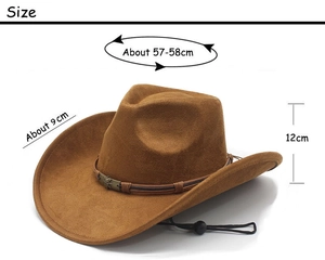 Detailed view of brown suede cowboy hat with metal buckle leather band and windproof rope