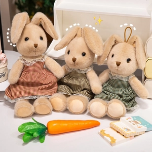 Bambola Coniglio Di Peluche Orecchie Lunghe Animale Di Pezza Con Vestito A Quadretti Pizzo Pelliccia Sintetica Giocattolo Compagno Per Bambini