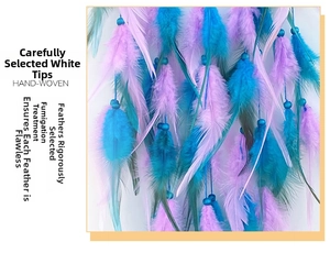Detailed view of hand-woven dream catcher with blue and purple feathers and beads