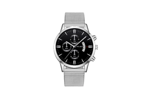 Detail view of Yolako quartz watch with silver mesh strap and black chronograph dial