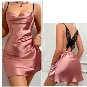 Pink satin slip dress with open back and black butterfly lace embroidery for women