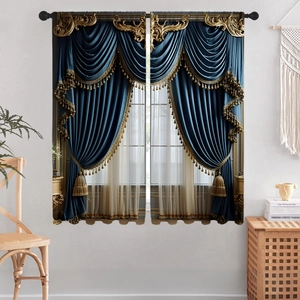 Detail of luxury European style curtain set with golden tassels and 3D floral printing