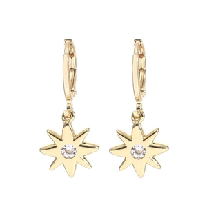 Detail of gold hoop earrings featuring zircon octagonal star pendants on white background