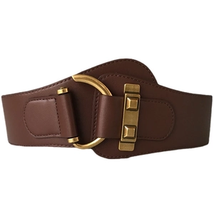 Brown faux leather wide waist belt with golden metal buckle for suits and coats