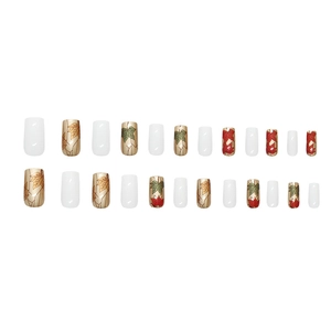 Vintage red maple leaf press-on nails set with champagne gold metallic accents