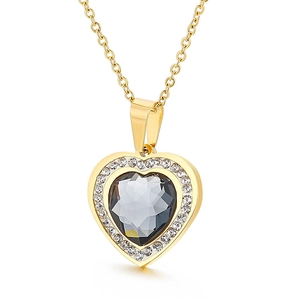 Elegant gold heart pendant necklace featuring grey gemstone and zircon accents on white base