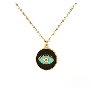 Detail of 18K gold plated stainless steel necklace with black enamel evil eye pendant