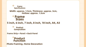 Detailed size chart for minimalist photo frames showing thickness and various dimensions