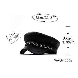 Black PU leather flat top newsboy hat with silver chain decoration and vintage style