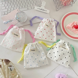 Mini Heart Print Drawstring Storage Bag Cute Textured Fabric Pouch For Cosmetics And Sanitary Napkins Travel Organizer
