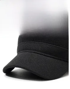 Detailed close-up of a men's winter wool cap with firm brim and metal side plate