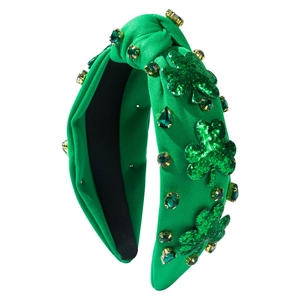 Green St. Patrick's Day headband with sparkling shamrocks and emerald rhinestones