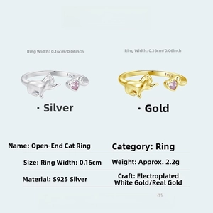 Detailed specs of S925 sterling silver playful cat open ring with pink heart gems