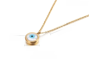 Macro shot of 13mm evil eye pendant in gold stainless steel with opal and 450mm chain