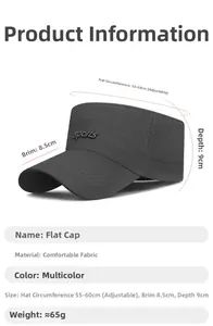 Detailed chart showing flat top cap dimensions with 8.5cm brim and 65g weight specs