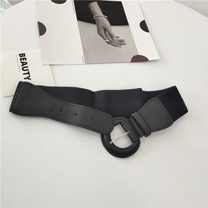 Elastic black wide waist belt with PU leather panel and round buckle for dresses and coats